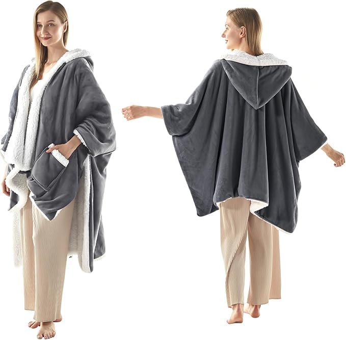 ACCU-WARMTH Wearable Heated Blanket - Fast Warm Up Electric Blanket Hoodie with 6 Heat Levels Snuggies for women gifts for her 50x60 London Grey