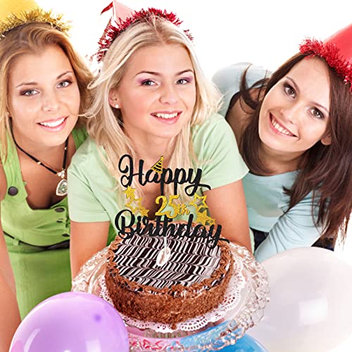 25Th Birthday Cake Topper, Black Gold Glitter Cupcake Topper For Happy 25Th Birthday Party Decorations Supplies For Boy Or Girls #TOP2