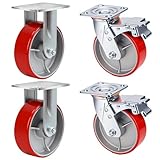 6 Inch Heavy Duty Caster Wheels Set of 4 Industrial Casters with Brake,Load 5000Lbs,Polyurethane Silent Steel Wheels,for Heavy Duty Die,Industrial Equipment Movement,U-Boat Cart(2Brake&2Rigid)