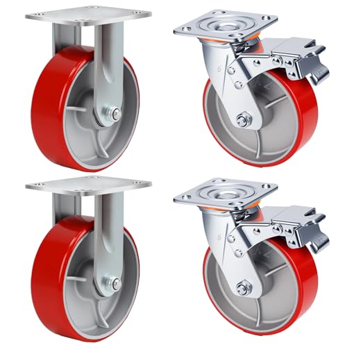 6 Inch Heavy Duty Caster Wheels Set of 4 Industrial Casters with Brake,Load 5000Lbs,Polyurethane Silent Steel Wheels,for Heavy Duty Die,Industrial Equipment Movement,U-Boat Cart(2Brake&2Rigid)