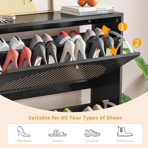 Shoe Storage Cabinet for Entryway with 2 Flip Drawers, Narrow Wood Shoe Cabinet with Fluted Panel, Freestanding Hidden Shoe Organizer for Foyer, Hallway (Black - with Shelf)