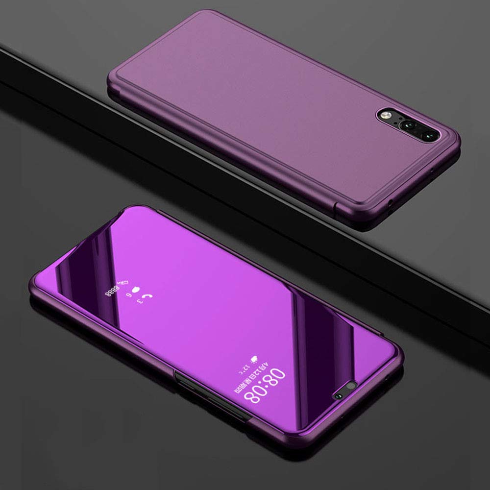 Huawei P20 Flip Case, Eabuy Mirror Plating Hard PC +PU Leather Semi-transparent Standing View Case Cover for Huawei P20 Purple