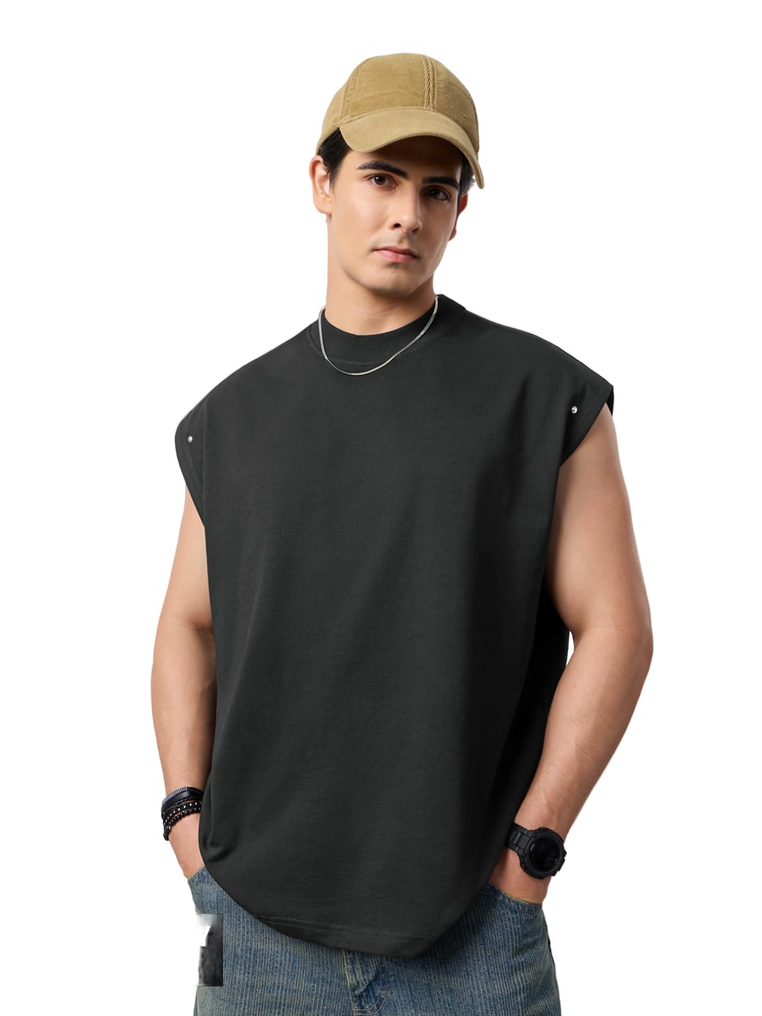 the souled store Oversized Vest: Men and Boys Sleeveless Round Neck Solid Cotton Casual Lightweight Drop Shoulder Streetwear Trendy Oversized Vests-picture-11