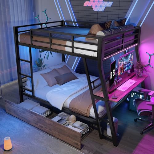 Sapgaks Lit Mezzanine 2 Places 140x200 avec LED,Lit superposé Enfant 140x200cm,lit superposé 2 Places de bébé avec Barre Lumineuse,lit Double Enfant,échelle de sécurité