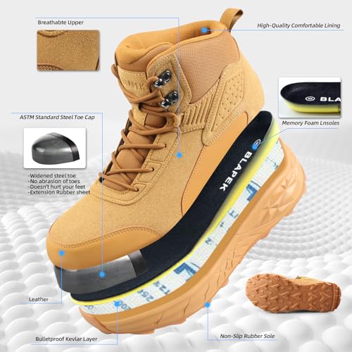 Steel Toe Boots for Men - Non Slip, Puncture Proof Safety Work Shoes with Cushioned Insoles- All-Day Comfort Perfect for Construction, Outdoor, Hiking, Yellow/Grey3