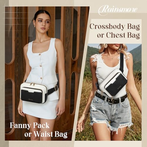 Image of RAINSMORE Fanny Packs for Women, Leather Belt Bag Waterproof Everywhere Crossbody Waist Pack with Adjustable Strap Retro Sling Chest Bag for Work Running Travel Party, Black with White