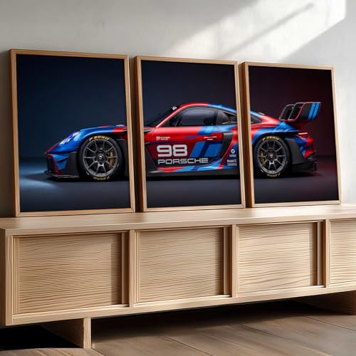 Image of HOMESY Sports Car Framed Posters Gift Items for Boys Room | Wall Decoration for Bedroom Living Room Office Gaming Room Decor | Sports GT3RS Car Poster with Frame for Wall Decor Set Of 3 Size (10x13 inch, BROWN)