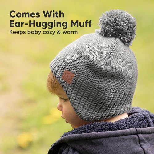 Image of Baby Beanie Winter Hat 0-6 Months - Cute Pom Winter Baby Hats with Earflaps, Soft & Stretchy Knit Toddler Beanies for Infant, Newborn 0-6 Months Boys, Girls, Cozy, Warm Fall Essentials (Gray, S)