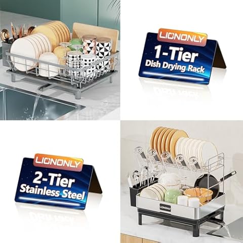 LIONONLY Dish Drying Rack Grey 2 Tier 304 Stainless Steel Dish Drying Rack Black Pack of 2 Cover