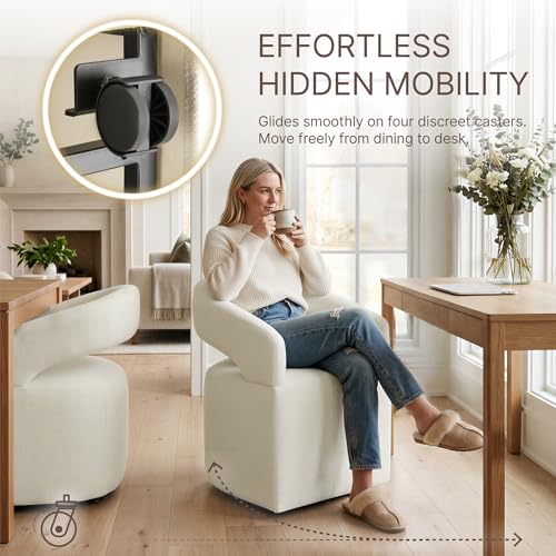 Image of KISLOT Upholstered Dining Chairs Set of 1, Modern Arm Kitchen & Dining Room Chairs with Hidden Casters, Linen Fabric Padded Rolling Chairs, Sturdy Wood Frame, 300 lbs Capacity, Cream Beige