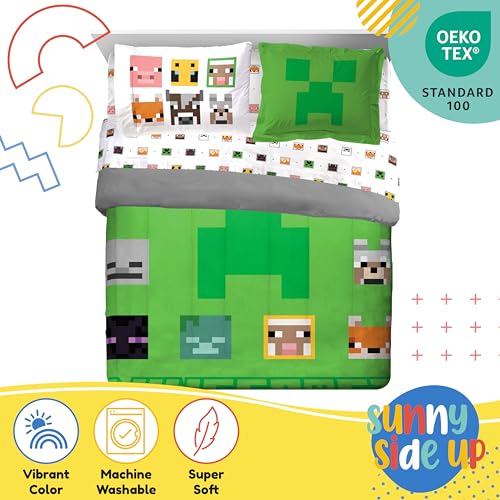 Image of Sunny Side Up Minecraft Full Comforter Set - 7 Piece Kids Bedding Includes Comforter, Sheets & Pillow Cover - Super Soft Gamer Microfiber Bed Set