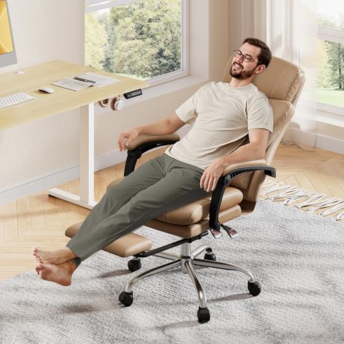 Image of DEVAISE Executive Leather Home Office Chair with Footrest, High Back and Heavy Duty, Comfortable Big and Tall Ergonomic Desk Chair with Lumbar Support, Comfy Reclining, SGS Class 4 Gas Lift, Brown