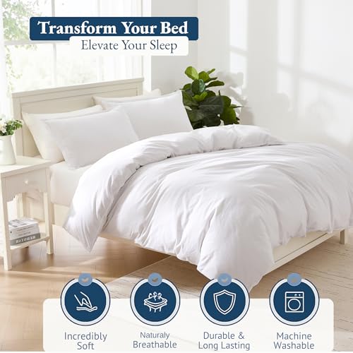 Image of LANE LINEN Organic Cotton Single Duvet Cover Set, White 2-Piece Set (1 Duvet Cover, 1 Pillow Sham), Pure Organic Long Staple Cotton, Breathable, Button Closure Comforter Cover