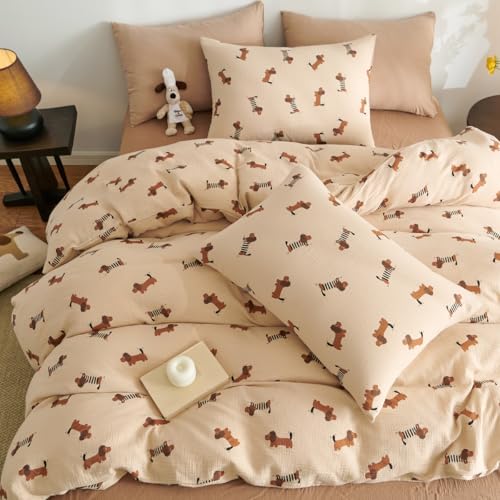 Lanqinglv Musselin Bettwäsche 135x200 Baumwolle Dackel Muster Renforce Leinenoptik ÖKO-TEX Bettwäsche Kinder mit Reißverschluss und 1 Kissenbezug 80x80cm