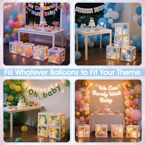 Image of Ledido Baby Boxes with Letters for Baby Shower Decorations, 4 pcs Clear Baby Balloon Boxes Blocks Decor with LED Fairy String Lights for Boy Girl Gender Reveal Decorations Backdrop Party (White)