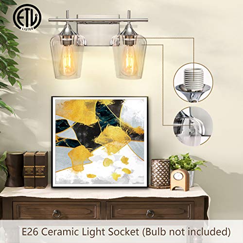 Image of Vanity Lights Fixtures 2 Light Bathroom Light Fixtures, Chrome Bathroom Lighting Fixtures Over Mirror with Clear Glass Shade Modern Vanity Lighting for Bath, Living Room, Bedroom