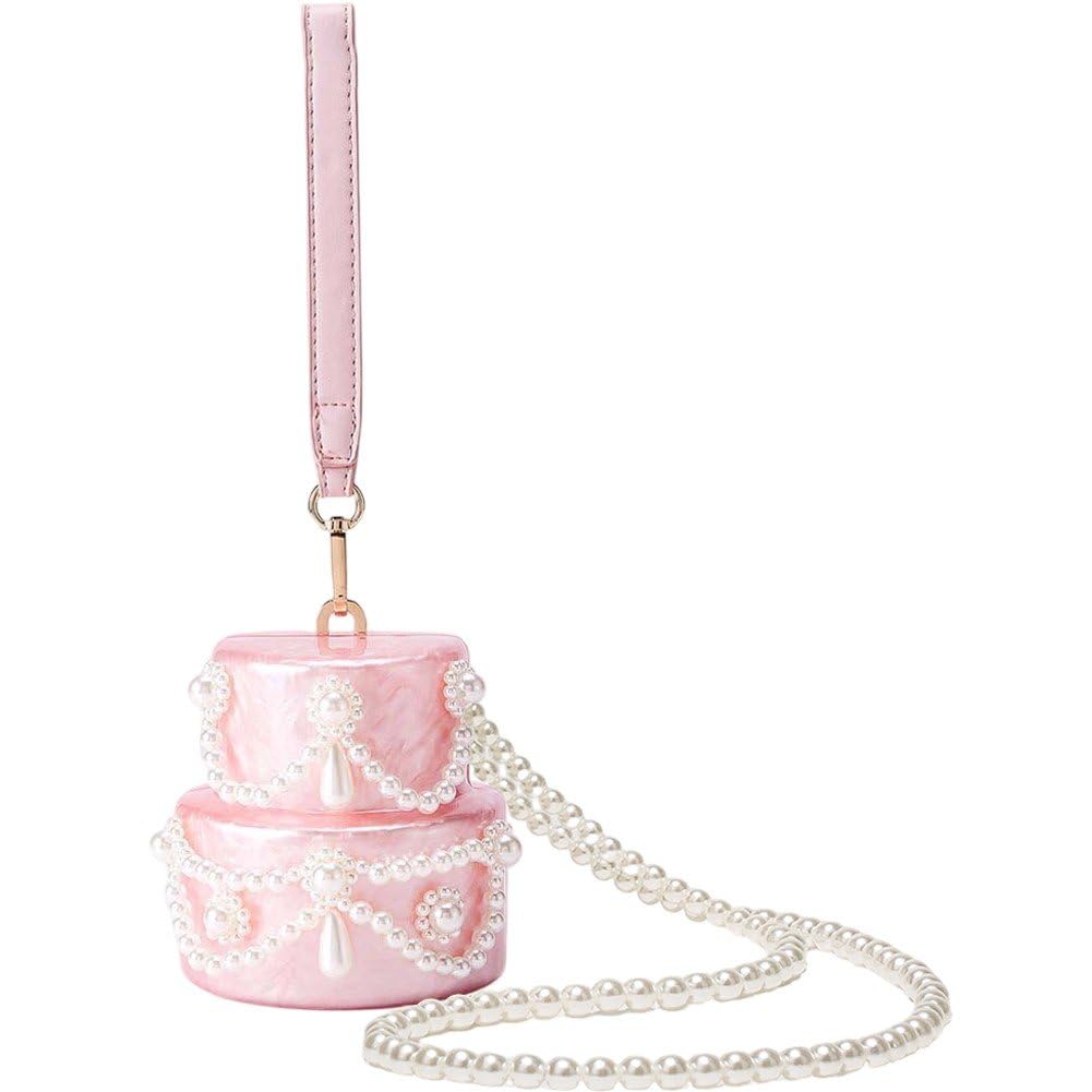 Fituenly Women Beaded Pearl Purse, Mini Acrylic Cake Shape Evening Bag, Pearl Handbags with Handle, Small Lady Party Prom Wedding Handmade