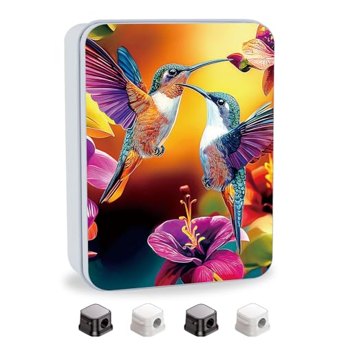 Image of Metal Tin Box with Lid for Game Cards Home Organizer Candles Keys Crafts Storage - Equipped with 4 Magnetic Cord Clips,Hummingbirds and flowers