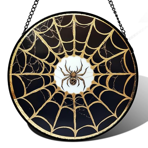 Image of Stained Glass Window Hanging - Black Gold Spider Suncatcher for Door Terrace Garden Home Decor Halloween Sun Catcher Christmas Birthday Gifts for Lovers Women Men Dad Mom Nana 15 in