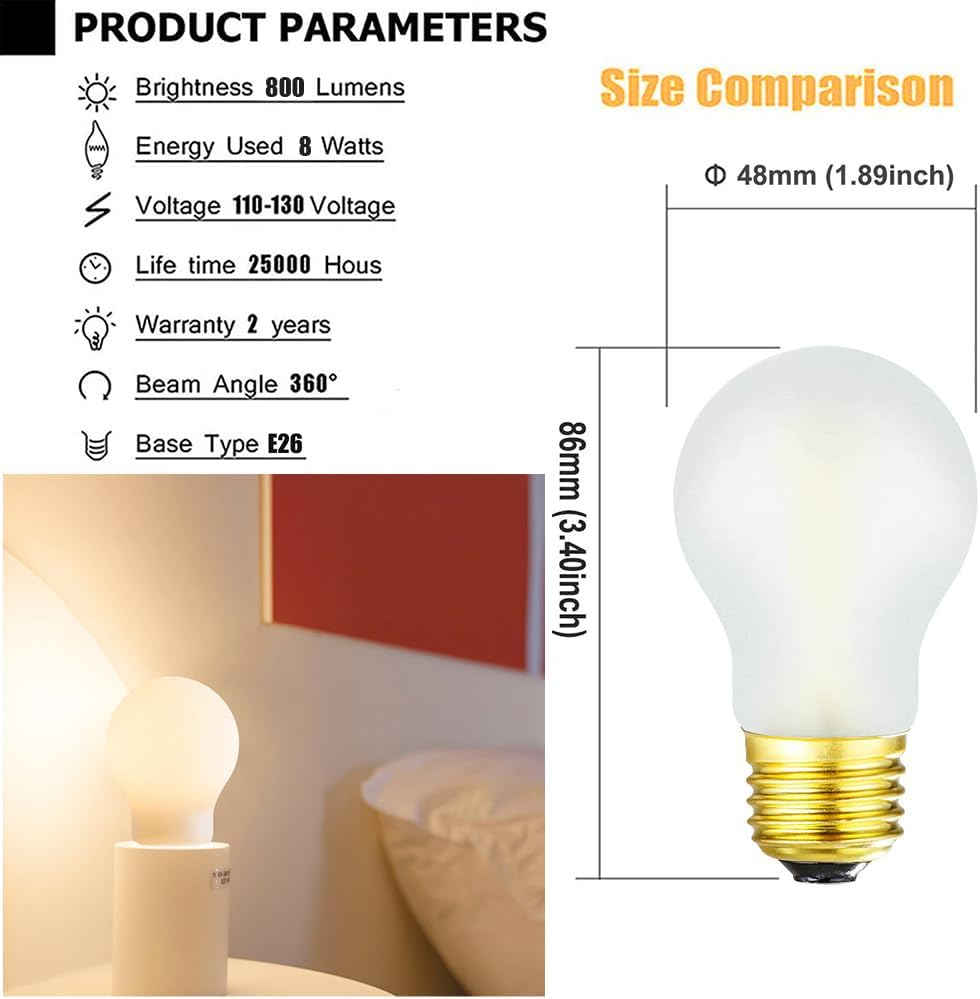 Frosted E26 LED Edison Bulb 8W Equivalent 75 Watt A15 Light Bulb Warm White 2700K Dimmable E26 Led Bulb for Ceiling Fan,Wall sconces,Refrigerator,Desk lamp 800lm AC120V, 6 Pack