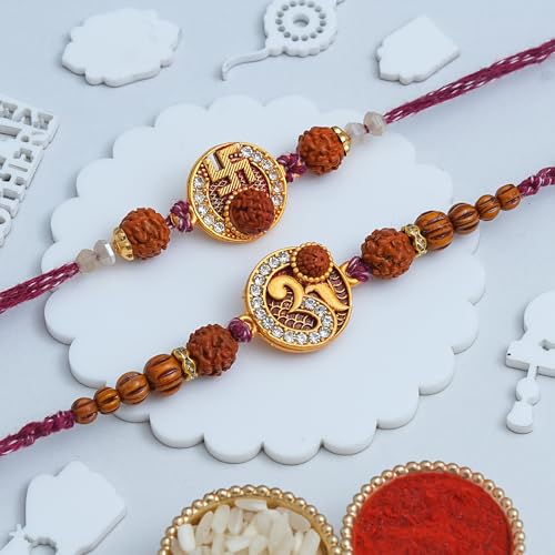 Image of eCraftIndia Om Swastika Rudraksha Rakhi Set of 2 | Rakhi for Brother Bhaiya Bhai with Best Bro Ever Fridge Magnet | Roli Chawal Pack