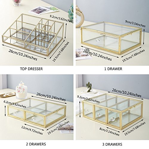 minopigo Antique Spacious Mirror Glass 6Drawers Vanity Tray Set/Gold Metal Cosmetic Makeup Storage/Stunning Jewelry Cube Organizer. It Consists of 4Separate Organizers Dustproof