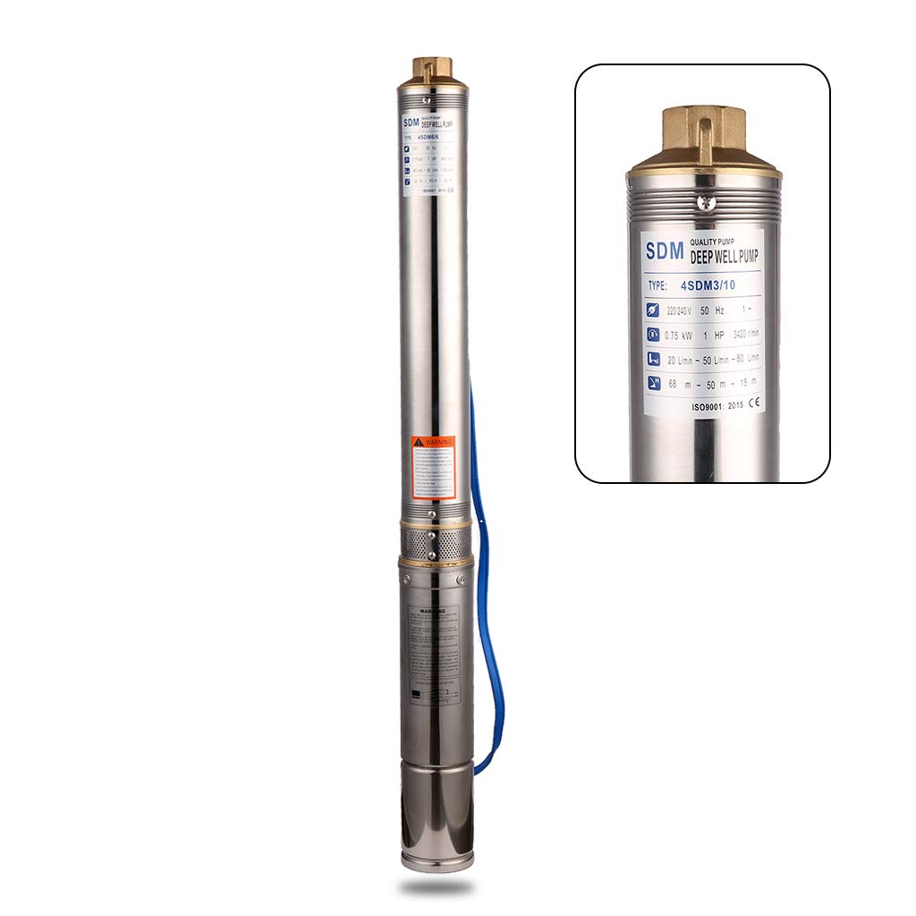 Pompa per Pozzi Profondi 220V 750W Acciaio Inossidabile Sommergibile Pompa Acqua 5600L/H Pompa Sommerse Pozzo Profondità Fino a 72m per Giardino Irrigazione e Uso Quotidiano