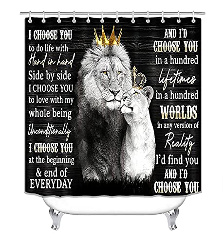 Olebety 4Pcs/Set Noble Lion King & Queen With Gold Crown Shower Curtain, Romantic Quotes Lion Couple Black Rustic Wooden Board African Wild Animal Bathroom Decor, Non-Slip Bath Rugs Mats, I Choose You #TOP1