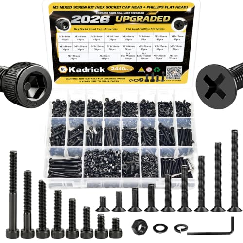 Image of Kadrick 2440PCS M3 Screws Assortment,Hex Socket Cap & Countersunk M3 Screws | M3 Bolts With Nuts,Flat & Lock Washerss, Length From 4-35mm,Class 12.9 & 4.8 Alloy Steel,Black Zinc Plated