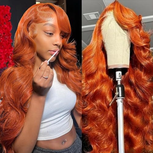 Image of Dark Ginger Lace Front Wigs Human Hair 13x4 HD Transparent Ginger Orange Body Wave Human Hair Lace Front Wigs for Women 180 Density Pre Plcked Lace Frontal Colored Wig with Baby Hair 16 Inch
