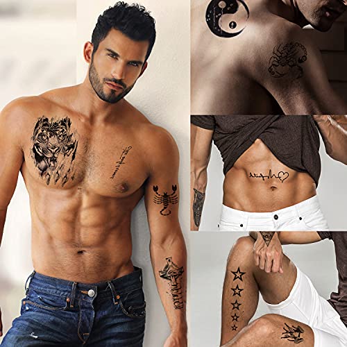 Zayvor 45Sheets Temporary Tattoos For Women Men,3D Waterproof Tiny Black Handrawn Tattoos,Fake Body Face Arm Chest Shoulder Foot Tattoos, Skull Tribal Maori Tiger Lion Realistic Temp Tattoo Sticker Set #TOP3