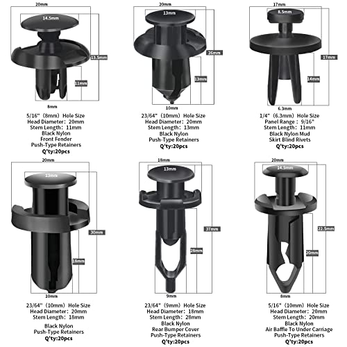 Kcrtek 120 Pcs 6.3Mm 8Mm 9Mm 10Mm Nylon Bumper Push Fasteners,Bumper Clips With Fastener Removal Tool #TOP6