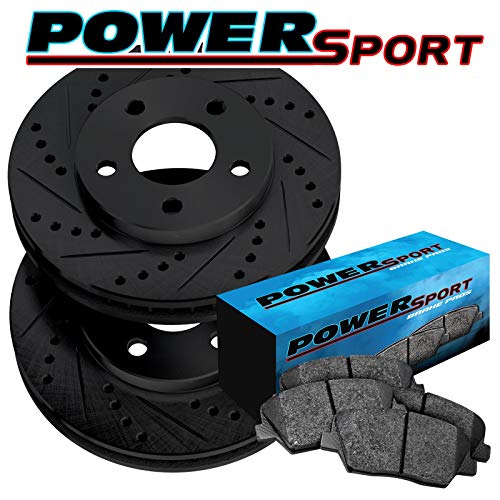 PowerSport Rear Black Drilled Slotted Brake Rotors and Ceramic Brake Pads Compatible For 2009-2021 Lexus CT200h, Pontiac Vibe, Toyota Corolla, Matrix, Prius, Prius Plug-In, Prius Prime