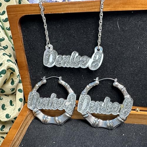 MIRROR MANIA Custom Name Plate Jewelry Set | Name Plate Necklace and Bamboo Hoop Earrings | Gold or Silver | Silver Diamond Script Letters | Background Color Choice | Crafted in CT, USA.2