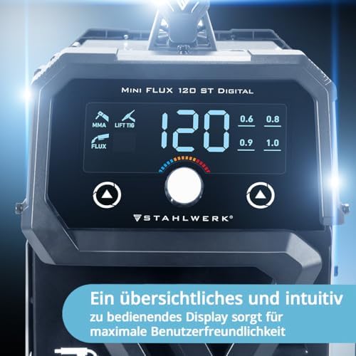 Bild 5 - STAHLWERK Schweißgerät Mini FLUX 120 ST Digital – Fülldrahtschweißen (FLUX) ohne Schutzgas bis 120 A, kompakt, synergischer Drahtvorschub, integriertes LED-Licht, Lift-TIG- und MMA/ARC-Funktion