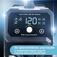 STAHLWERK Schweißgerät Mini FLUX 120 ST Digital – Vollausstattung – Fülldrahtschweißen (FLUX) ohne Schutzgas bis 120 A, synergischer Drahtvorschub, LED-Licht, Lift-TIG- & MMA-Funktion (E-Hand/ARC) – Ansicht 7
