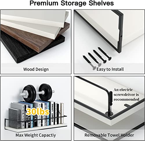Image of Shario - Set of 2 Floating Shelves with Black Towel Bar Wall Hanging Decorative Storage Shelves for Bathroom, Kitchen, Living Room and Bedroom (Modern White)