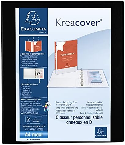 Exacompta - ref. 51842NE - 1 customizable rigid opaque binder with 3 pockets - 4 D-rings of 30 mm - Spine 47 mm - External dimensions: 32 x 27.7 cm - Format to be filed A4 Maxi - Colour: black