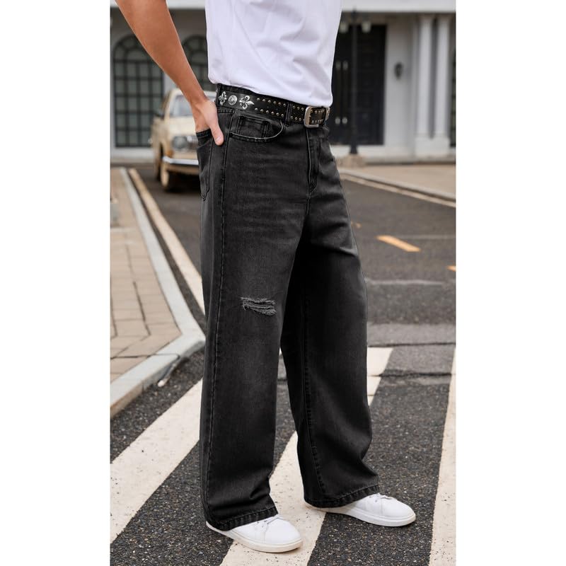 Men's Baggy Jeans Ripped Wide Leg Distressed Denim Pants Hip Hop Streetwear Loose Fit4