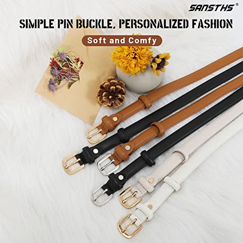 Sansths 2 Pack Women Thin Skinny Faux Leather Belt Waist Belt With Metal Pin Buckle For Dress Jeans, Black Brown S #TOP4