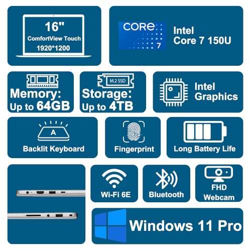 Image of Dell 16 Business Laptop 16 inch 2K WUXGA Comfortview Touchscreen Intel 10-core Core 7 150U 64GB DDR5 1TB SSD Backlit Fingerprint Wi-Fi6E FHD Camera Type-c ExpressCharge Long-Lasting Battery Win11Pro