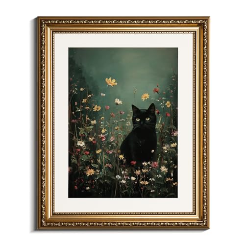 InSimSea Gold Framed Mystical Black Cat in Wildflower Meadow |