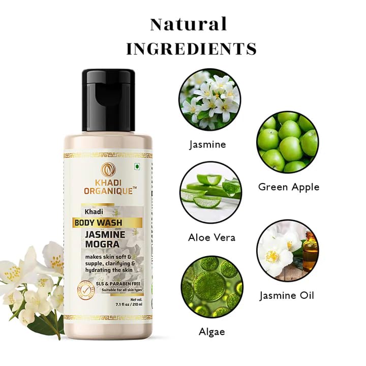 Image of Khadi Organique Jasmine Mogra Body Wash SLS & Paraben Free Luxurious Fragrance with Gentle Cleansing Nourishes and Refreshes Skin Daily, Suitable For All Skin Types Of Mens & Womens -210 ml.