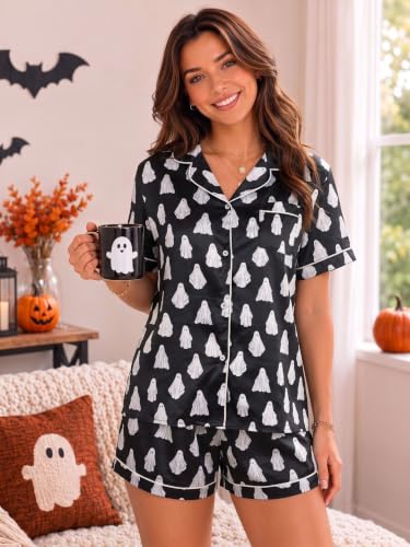 Halloween Pajamas 2 Piece Womens Ghost Button Down Short Sleepwear Sets - image 7