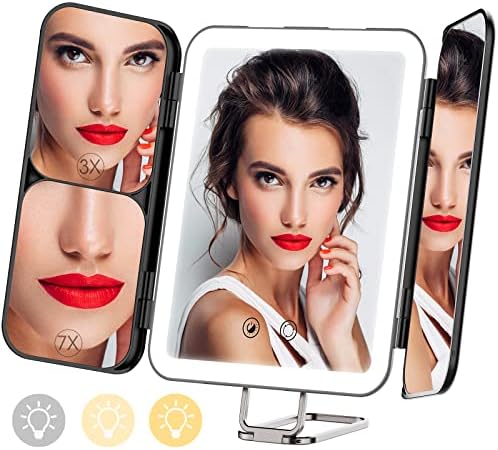 Yibeiup Rechargeable Makeup Mirror with 3 Color Lights, Tri-Fold Vanity Mirror with 3X 7X Magnifying Mirror, Portable Travel Light Up Mirror, Tabletop Wall Mounted Mirror with 64 LED Lights (Black)