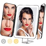 Yibeiup Rechargeable Makeup Mirror with 3 Color Lights, Tri-Fold Vanity Mirror with 3X 7X Magnifying