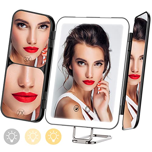 Yibeiup Rechargeable Makeup Mirror With 3 Color Lights, Tri-Fold Vanity Mirror With 3X 7X Magnifying Mirror, Portable Travel Light Up Mirror, Tabletop Wall Mounted Mirror With 64 Led Lights (Black) #TOP3
