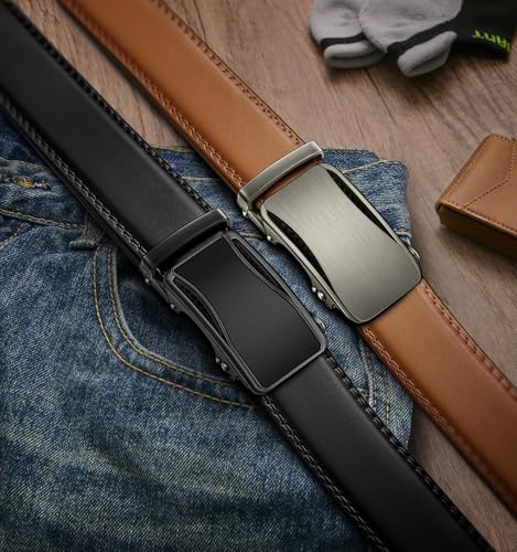 Image of BULLIANT Men's 2-Pack Ratchet Leather Belt Trimmable 1 3 /8 inch-Gift Boxed