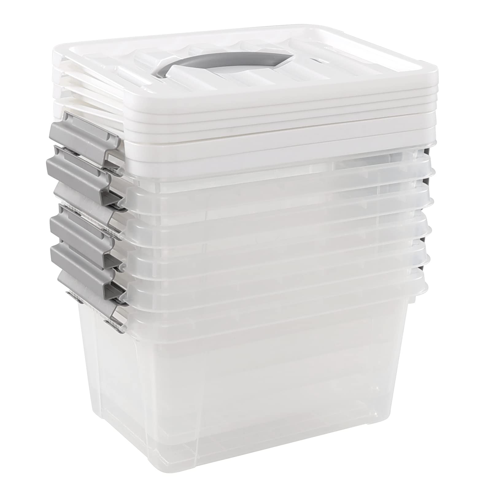 Dynko Grey Handle 7 Liter Clear Plastic Boxes, Transparent Storage Containers With Lids Set Of 6