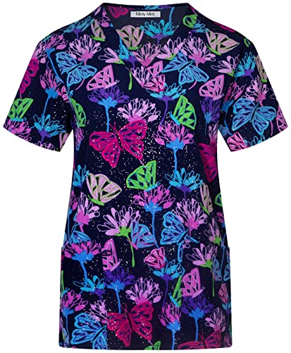 Minty Mint Women's Comfortable Easy Fit Lightweight Durable Soft Stretch Printed V-Neck Medical Scrub Top Dentist Medical Profession Doctor EMT Nurse Veterinarian f7t1 Navy M